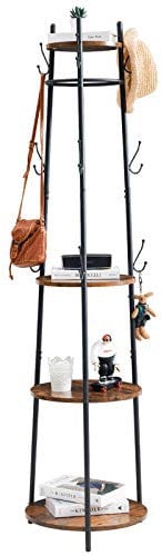 IBUYKE Garderobenständer, Kleiderständer mit 4 runden Ablagen, Garderobe mit 9 Haken, Stahlgestell, Industrie-Stil, für Schals, Taschen, Regenschirme und Boxen, vintagebraun-schwarz TMJ085H