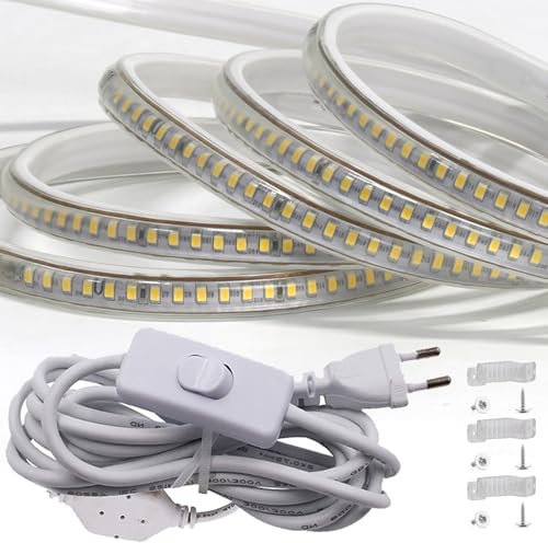 FOLGEMIR 35m Warmweiß LED Band mit Schalter, 2835 SMD 144 Leds/m Lichtleiste, 220V 230V Strip, sehr helle Beleuchtung, IP65 wasserdicht
