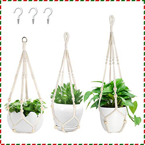 OurWarm Makramee Blumenampel 3er Set, Boho Deko Baumwollseil Hängeampel Blumentopf Pflanzen Halter Aufhänger mit 3 Haken für Innen Außen Decken Garten Balkone Wanddekoration
