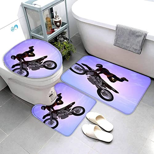 AOLIGL Badezimmermatte Set Motorrad 3D Drucken Violett Teppich Badezimmer Badgarnitur 3teilig Mikrofaser Bath mat U-förmigen Contour Matte- WC Vorleger 40 x60