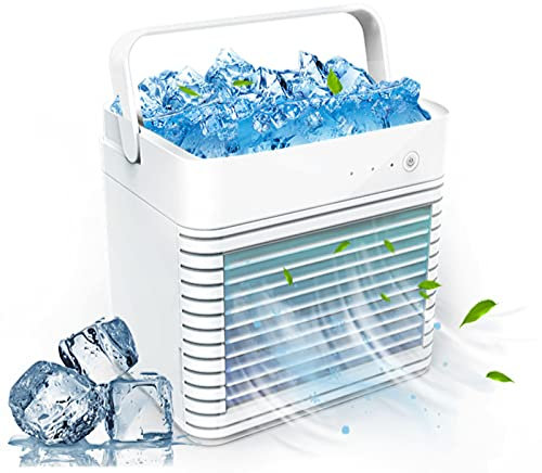 BAIAA Enfriador Aire Portátil, 3 En 1 Aire Acondicionado, Batería 4000 MAh, con 3 Velocidades, Enfriadores Evaporativos, Humidificador Purificador, para Hogar, Oficina, Viajes (White)