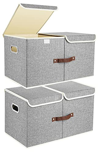 TYEERS Extra Large Storage Box with Lids and Compartments, Collapsible, Washable, Fabric Box with Lid for Clothes, Wardrobe Storage, 55x33x30 cm, Set of 2, Grey