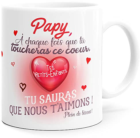 Mug Papy Idée Cadeau Original Fête Grand-Père, Tasse Message Amour Humour Futur Papi, Papa Homme Grands-Parents pour Anniversaire Noël ou Plaisir.On t’Aime Coeur Petits-Enfants. Céramique 325ml.