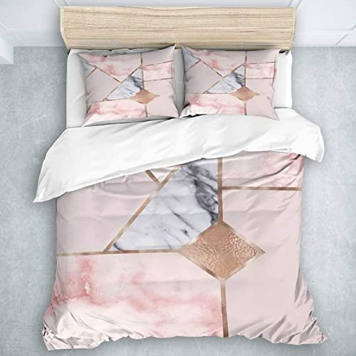 NC Marble Pink Rose Gold Decorative 3 Piece Bedding Set, Kids' Duvet Cover Sets, Soft Microfiber Comforter Cover Sets with 2 Pillow Shams Casual Modern Bedroom 135x200cm