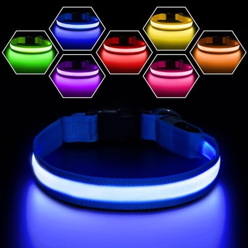 PcEoTllar Leuchthalsband Hund Aufladbar, Hundehalsband Leuchtend Wasserdicht, Blinkend LED Halsband für Hunde mit 7 Farben, Einstellbare LED Hundehalsband für Kleine Große Hunde, Blau-M