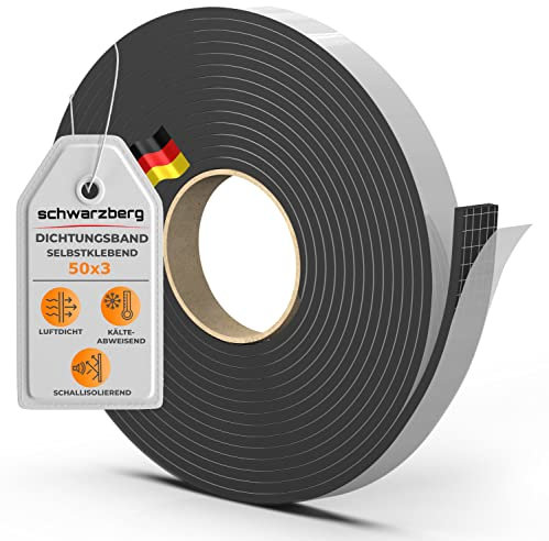 Schwarzberg Dichtungsband universal - Thermoband - 50mm x 3mm x 5m - isolierend und selbstklebend für Fenster und Türen - Schaumstoff aus Zellkautschuk