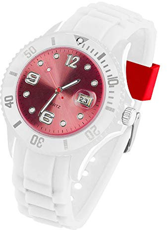Taffstyle Damen Herren Sportuhr Armbanduhr Silikon Sport Ziffernblatt mit Datum Analog Quarz Farbige Bunte Uhr Weiß Rot