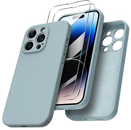 ORNARTO kompatibel mit iPhone 14 Pro Hülle 6,1 Zoll 2022, mit 2 x Screen Schutzfolien flüssigem Silikon Gel Ruber Case Rundumschutz Stoßfeste Handyhülle Mintgrün