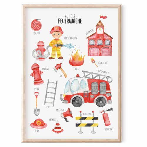 MeinBaby123® Bilder Kinderzimmer | DIN A2 Poster Feuerwehr | Feuerwehrauto, Feuerwehrmann | Deko Kinderzimmer Junge | Babyzimmer Deko | Wandposter Premium (Feuerwehr V1)