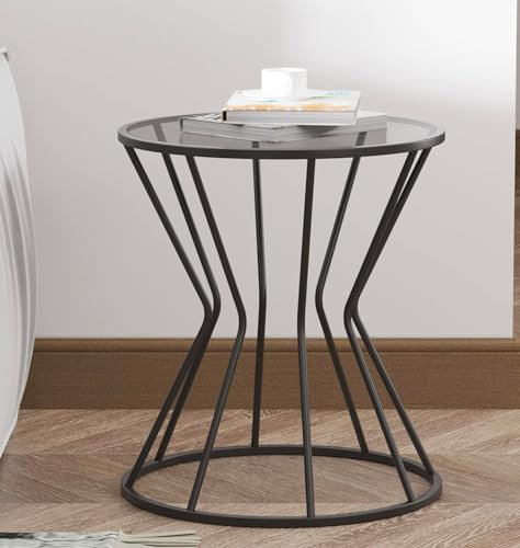 Hallowood Furniture Burton Black Metal Coffee Table, Round Side Table with Tinted Glass Top, Power Coated Metal Frame, Bedside & Sofa Side Magazine Table