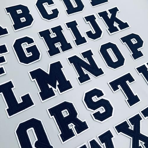 Medium Iron on Letters and Numbers for Clothing Jeysey Hat Letterman Jackets Clothes Embroidered Varsity Letter Patches Navy Blue A-Z Fabric Felt Monogram Appliques Custom Name Patches