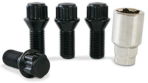 Precision - Black Locking Wheel Bolts Compatible With Renault Megane MK2 - M14x1.5x26mm 60 Degree Taper Seat - Anti-Theft Wheel Security Bolts with Lug Nut Key Set