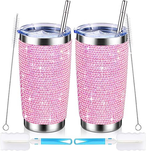 Lallisa 2 Pcs Rhinestone Tumblers Bling Cups 20 oz Glitter Water Bottles Stainless Steel Vacuum Insulated Mugs for Women Birthday Nurses Teachers Wedding Appreciation Gifts(Pink)