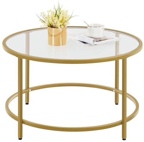 Yaheetech Mesa de Centro Redonda Mesa de Café de Cristal Templado Mesa Baja para Salón,Sala de Estar 80 x 80 x 45cm Dorado,YA-230630