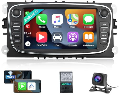 2G+64G CAMECHO Android Autoradio mit Navi für Ford Focus C-Max S-Max Mondeo Kuga Galaxy,Doppel Din Radio mit 7 Zoll Bildschirm丨HiFi Carplay Android Auto FM/RDS Bluetooth und USB+Rückfahrkamera
