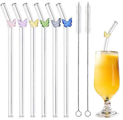 6Pcs Paille Bubble Tea Reutilisable, Paille en Verre, Avec 2 Brosses de Nettoyage, 20 cm x 8 mm Papillon Paille Glass Transparente, Convient Aux Smoothies, Cocktails, Jus de Fruits (Papillon)