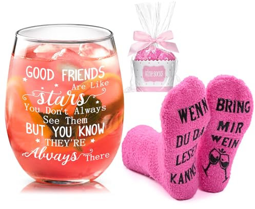Joymaking Weinglas mit Lustigen Socken Geschenke für Freundin, Beste Freundin Geschenke Set, Geschenk Freundin Geburtstag, Freundschaft Geschenke zum Geburtstag Weihnachten 520ml