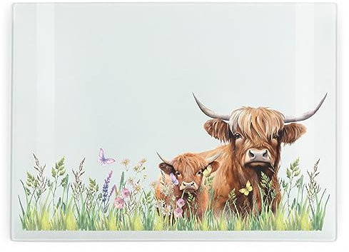 Highland Cow Glass Chopping Board - Rectangular Large Mum & Calf Glass Worktop Protector - Smooth Board Kitchen Cutting Board Worktop Saver with Non-Slip Feet 39cm x 28.5cm (15 x 11)