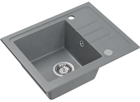 VBChome Évier Granit Gris 55 x 44 cm Évier simple encastrable Moucheté Réversible Évier en granit Siphon Lavabo Gris