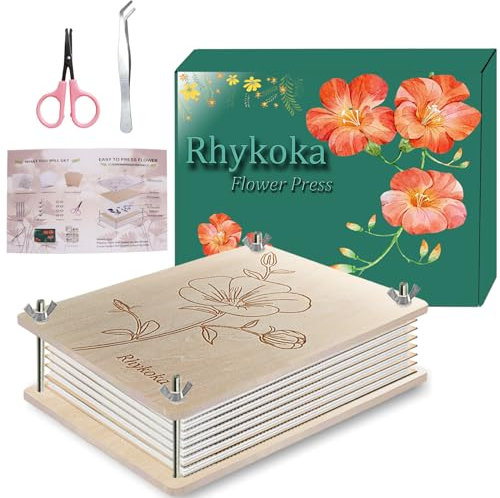 Rhykoka Professional Flower Press, 8 Layers 6.3x8.3 inch (16x21cm) Flower Press Kit Wooden Leaf Pressing Kit for Kids Adults with Clear Instruction, Nice Gift for DIY Dried Flowers Lovers (Wooden)