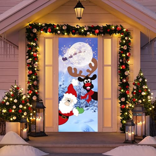 Weihnachtstürabdeckung Frohe Weihnachten Türdekorationen Niedlicher Weihnachtsmann Rentier Türabdeckung Winter Xmas Hintergrund Türabdeckung Party Outdoor Indoor Home Weihnachtsdekoration