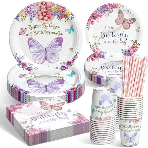 YIMAKJ Lot de 120 ustensiles de fête pour 24 invités, motif papillon, pour décoration de fête d'anniversaire d'enfant fille, avec assiettes en carton, tasses, pailles, serviettes
