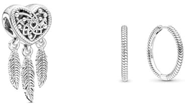 Pandora Passions Offen gearbeitetes Herz & DREI Federn Traumfänger Charm Sterlingsilber, 25 mm, 799107C00 & Damen Ohrstecker Creolen silber 299532C00