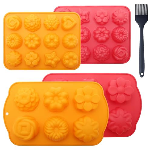 4 Pezzi Teglia per Muffin con Pirottini in Silicone, 12 Cavità Stampo per Dolci Antiaderente con Pennello Cucina, Pirottini in Silicone Riutilizzabili per Torta Cioccolatini Formaggio Fondente