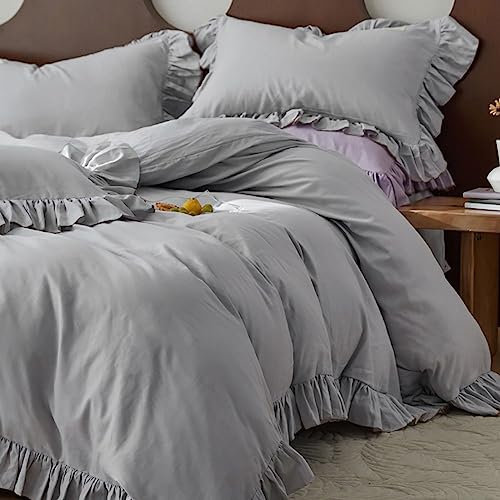 AShanlan Bettwäsche 220x240 Grau Rüschen Romantische Bettbezug 3 Teilig Microfaser Aesthetic Rüschen Bettwäsche Set mit 2 x Kissenbezug 80x80 cm Reißverschluss