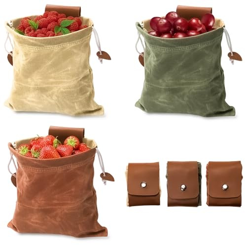 Mezchi Pilz-Futtertasche, faltbar, gewachst, Segeltuch, Lederkorb für Camping, Wandern, Jagd, Lebensmittelaufbewahrung, 3 Farben, 3 Stück