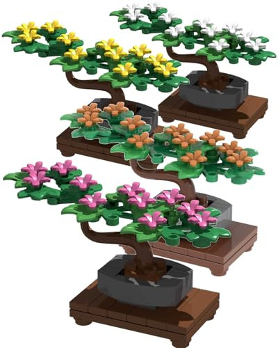 LONESTAR Bricks Bonsai Klemmbausteine Set, 4X Bonsai Bäume mit Topf in Weiß Gelb Rosa Orange, City Mini Pflanzen Deko-Set, kompatibel, DIY, für Modellbau & Tischdeko