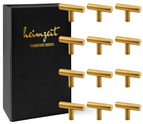 heimzeit Schrankknöpfe für Türen, Schubladen und Kommoden aus hochwertigem Edelstahl [12 Stück, T-förmig] Farbe: Gold, Stilvolles Design, Möbelknöpfe mit Einlochgriff und Schrauben
