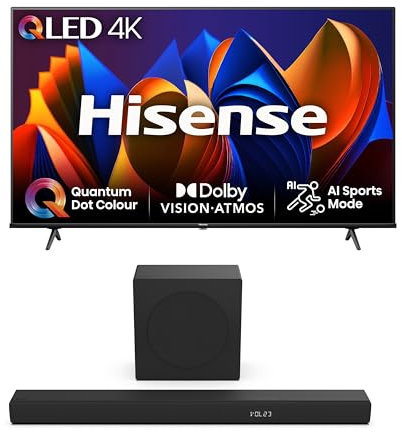 Hisense TV & Soundbar Bundle: 55E77NQTUK TV with Quantum Dot Colour, Dolby Vision Plus the HS3100 Soundbar with 480W Power, Direct Surging Sound, The Perfect Match for the ultimate Audio-Visual Experience