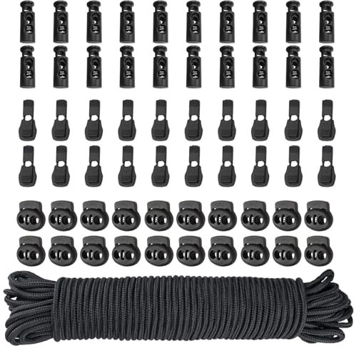Cuerda 10 m x 3 mm Cuerda de Polipropileno Negro Cuerda, Accesorios Elastique – con Conjunto de Tensor Cuerda Tendedero, Cierres para Pulseras, Goma Eva Gruesa y Stop Cordon