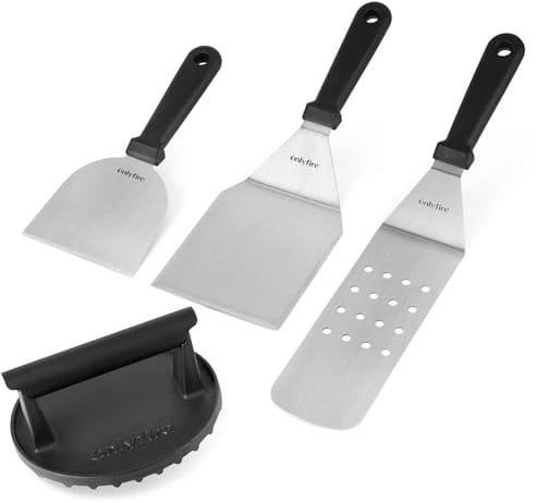 onlyfire Professional BBQ Griddle Accessories Kit, Cast Iron Smash Burger Press, Stainless Steel Griddle Spatula, Griddle Scraper & Perforated Spatula Turner, Smashed Burger Kit for Grilling
