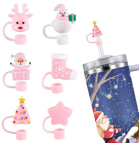 6pcs Christmas Straw Cover Cap for Stanley, 6 Style Pink Silicone Straw Toppers Christmas Theme Cute Straw Lids Cup Accessories Compatible with Tumbler 40&30oz Cup Gifts