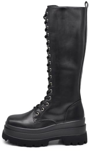 IF Fashion Scarpe Combat Anfibi Militari Stivali Stringati Alti da Donna Platform Plateau Zeppa HJ811 Nero N.36