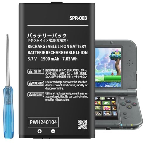 Batterie de rechange Li-ion haute capacité 1900 mAh pour Nintendo 3DS XL/New 3DS XL/ 3DS LL/New 3DS LL - Batterie de rechange Li-ion haute capacité avec 1 outil de réparation (pas pour New 3DS)