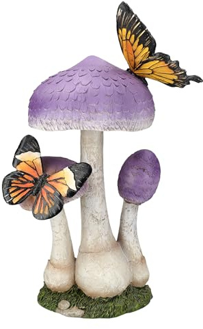 Figuren Shop GmbH Gartenfigur Lila Pilze mit Schmetterlingen – Wetterbeständige Dekofigur für Garten, Terrasse & Balkon, 31,5 cm Höhe