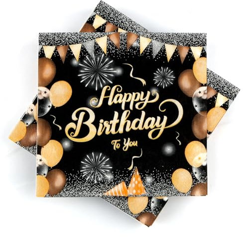 40 Stück Schwarz Gold Geburtstag Servietten, Happy Birthday Servietten, Geburtstagsservietten Tischdeko 33x33cm, Geburtstag Party Papierservietten für Junge Mädchen
