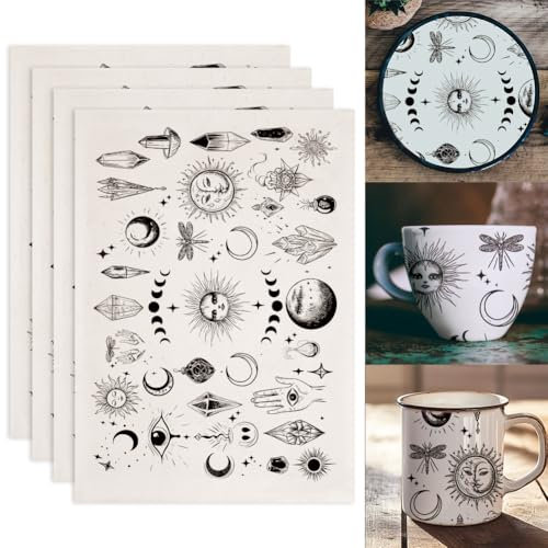 SUPERDANT 4 Stück Mondphasen Und Wahrsagerei Unterglasur Transfers Hand Gottes Transfer Aufkleber Keramik Aufkleber Keramik Porzellan Ton Transferpapier Überglasur Emaille