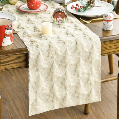 Artoid Mode Beige Samt Kiefern Baum Weihnachten Tischläufer 33 x 230 cm | Saisonal Weich Plüsch kunstfell Felloptik Winter Xmas Urlaub Tischsets Hause Platzdeckchen Küche Party Deko