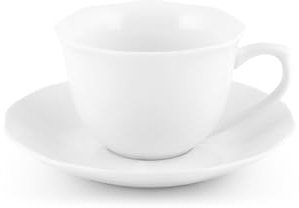 H&H, Set 6 Tazze da Tè Festonate con Piatto in Porcellana Bianca – 230 cc – Lavabili in Lavastoviglie e Utilizzabili in Microonde