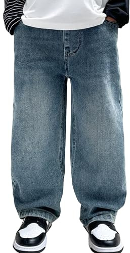 Happy Cherry Pantalones Vaqueros Baggy Niño Ancho Jean Cintura Elástica Pantalón Largos con Bolsillos para Primavera Verano Otoño Invierno