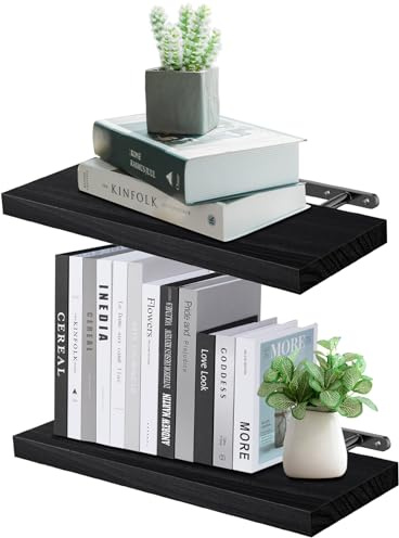 VEGCOO Holz Wandregal 2 Stück, 40cm Wandregal Schwarz, Frei Installiert Floating Shelves, Kann Als Küchenregal Wand Verwendet Werden, Geeignet Für Bad, Küche, Wohnzimmer, Büro, Schlafzimmer