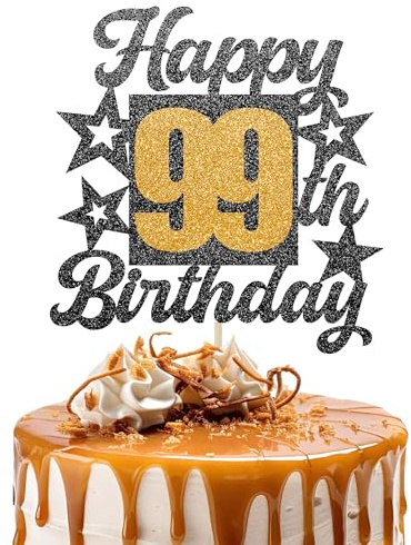 Happy 99th Birthday Cake Topper - Black and Gold Glitter Number Cake Topper - Number 99