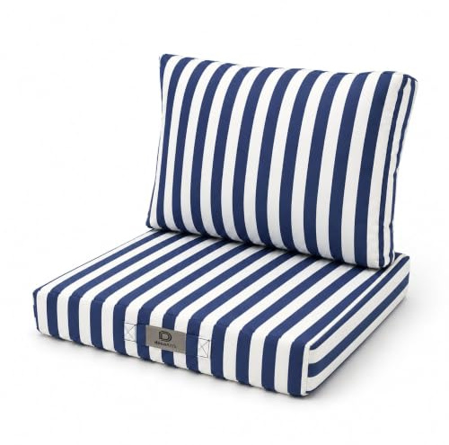 Déco Arts — Lot de 2 Coussins Déhoussables Salon Jardin 50x50 — Assise 50x50 + Dossier 50x35 cm — Imperméable Anti-UV — Remplacement Mobilier Jardin Terrasse Balcon Véranda — Rayures Bleues
