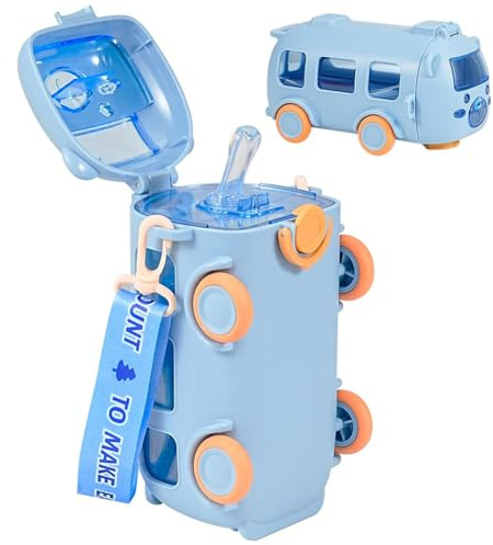PyrrlicToy Car Water Bottle 500ml Cartoon Children's Leak Proof Straw Cup with Shoulder Strap Portable Baby Water Bottle Kindergarten Student School Outdoor (Blue)