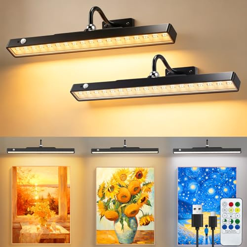 2 Stück Bildbeleuchtung Kabellos mit Bewegungsmelder, LED Wandleuchte Innen 6000 mah Akku mit Timer Fernbedienung, Magnetische Wandleuchte mit 3 Farbtemperaturen für Wand Spiegel, Dart Beleuchtung