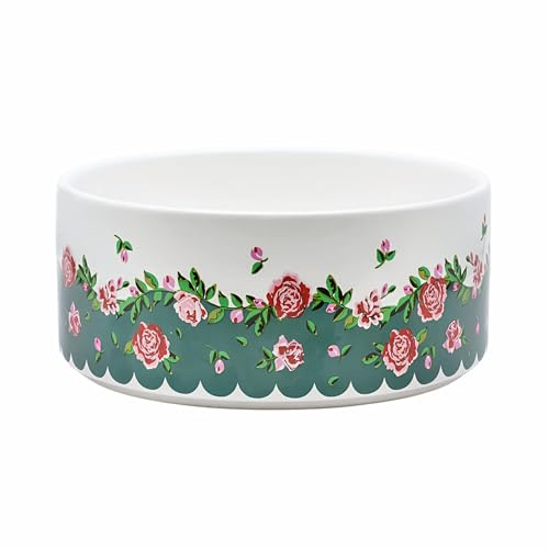 Cath Kidston Ceramic Pet Bowl (400 ml), Dishwasher Safe Food & Water Bowl for Cats & Dogs, Naturally Weighted, Dolly Rose Floral Design | 13.5cm Diameter